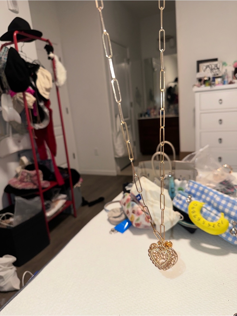 Gold Heart Pendant Link Chain Necklace